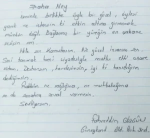 ŞahaNey! İsminle birlikte öyle bir güzel, öylesi yanık ve içtensin ki etkin altına girmemek mümkün değil. Dağlanmış bir yüreğin en şahane sesisin sen. Hele sen Komutanım. Ne güzel insansın sen. Seni tanımak beni ziyadesiyle mutlu etti, onore oldum. Dostumsun, kardeşimsin, iyi ki tanıdığım dediğimsin. Rabbi ne sağlığına, ne mutluluğuna ne de sanatına zeval vermesin. Seviliyorsun.Fahretdin GözgünIsparta Bld.Bşk.Yrd.